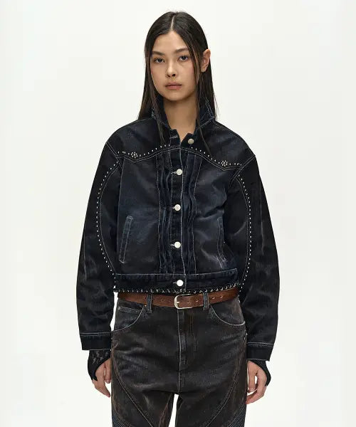 [ADSB ANDERSSON BELL] STUDDED VELVET DENIM JACKET (BLACK/NAVY)