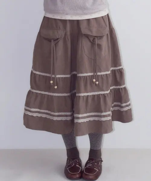 [OAFISH] Lace Shirring Pocket Skirt, Brown