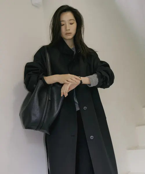 [LINGSEOUL] High Neck Trench Coat - Black / high neck trench coat-black