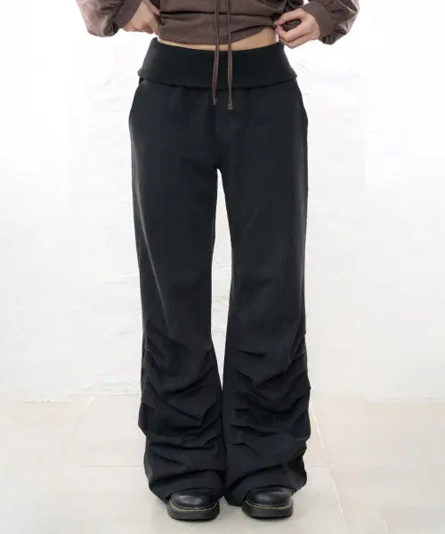 [ITZAVIBE] FOLDING SHIRRING PANTS - BLACK