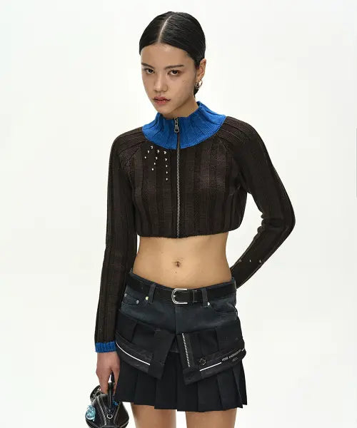 [ADSB ANDERSSON BELL] STUDDED WIDE RIB CROP ZIP-UP (BROWN/BLUE)