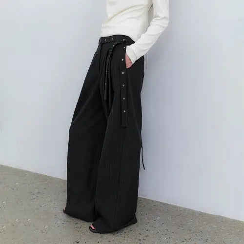 [ATELIER NAIN] (PT-5816)EYELET BELTED STRIPE TWO TUCK PANTS S
