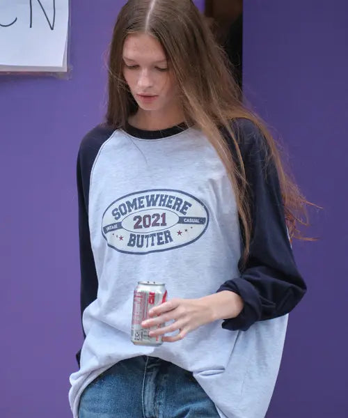 [SOMEWHEREBUTTER] Leo Raglan Long Top - White Melange(Deep Navy)