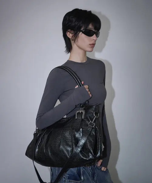 [ROUGHTYPE] Western Croc-embossed Buckle Shoulder Bag - Black