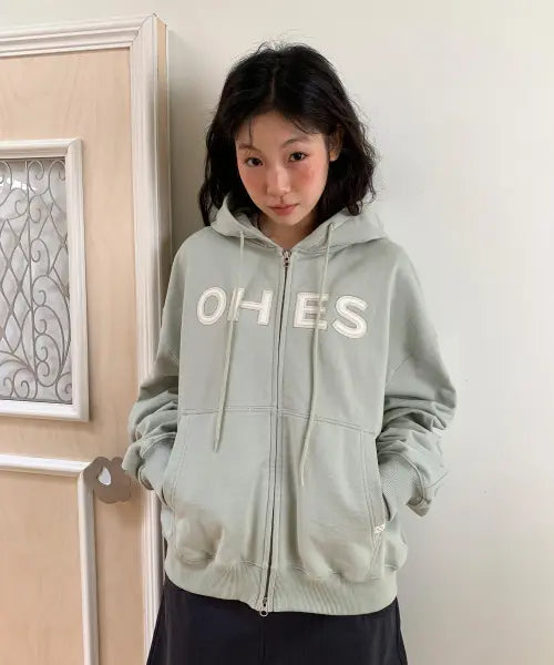 [OHESHIO] Logo Patch Hooded Zip-Up, Sage Mint