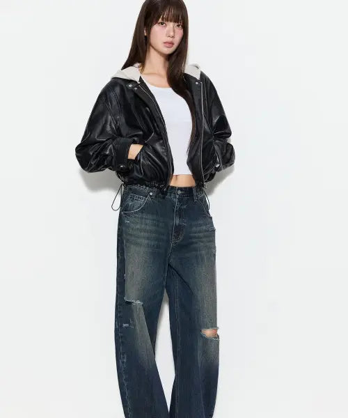 [MIXXO] Detachable Hood Faux Leather Jumper RE JLG34SS_MIWJLG91QC / 후드탈착 페이크레더 점퍼 RE JLG34SS_MIWJLG91QC
