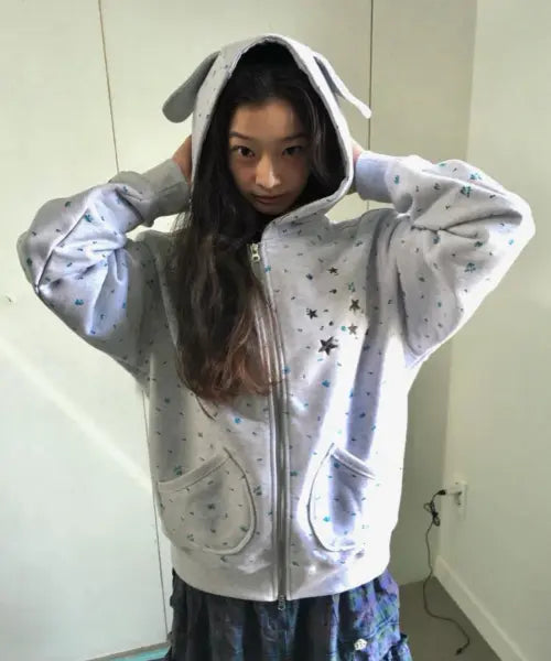 [BAUF] Puppy Ear Star Zip-Up Hoodie [Flower Melange] / 퍼피 이어 스타 후드집업 [플라워 메란지]