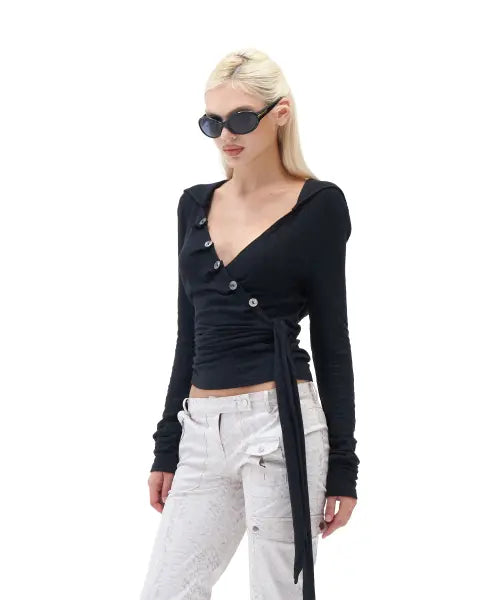 [HILLDA] Layered Wrap Hood Top [Black]