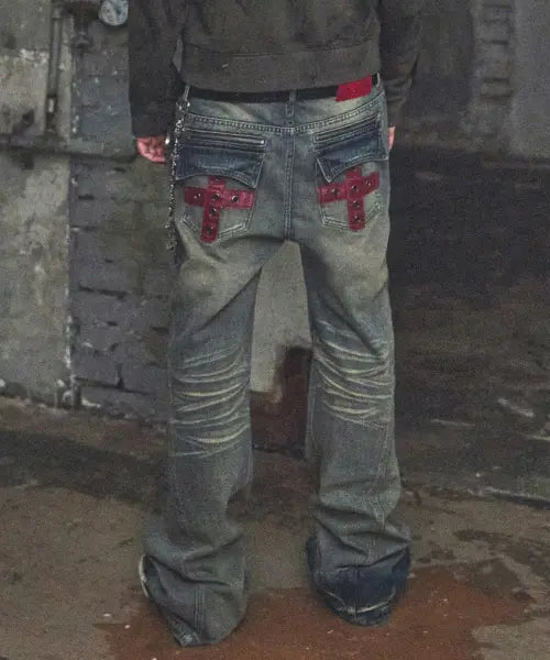 [NOT4NERD] Contrast Panel Low Rise Flare Fit Denim Pants - Deep Blue