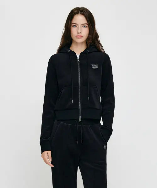 [MARITHÉ + FRANҪOIS GIRBAUD] W SMALL CLASSIC LOGO SLIM FIT VELOUR CROP HOODIE ZIPUP black