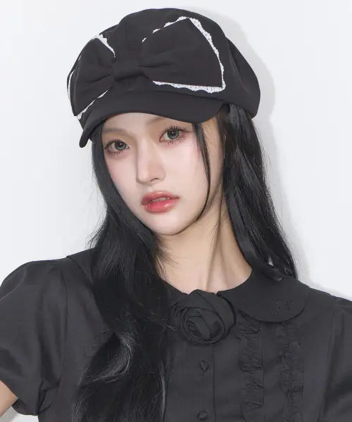 [ILLIGO] LACE RIBBON HUNTING CAP BLACK / 레이스 리본 헌팅캡 블랙
