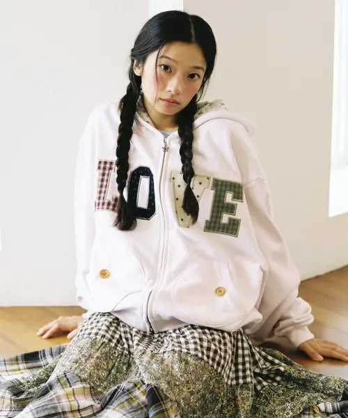 [CAVISH] APPLIQUE LOVE ZIP UP HOODIE PINK(CV2GFFM486A)