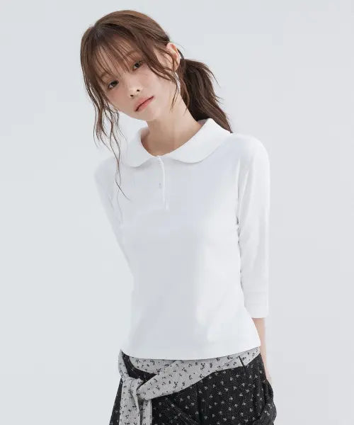 [HIGH SCHOOL DISCO] Round Collar 3/4 Sleeve, White / 라운드 카라 3/4 슬리브_화이트