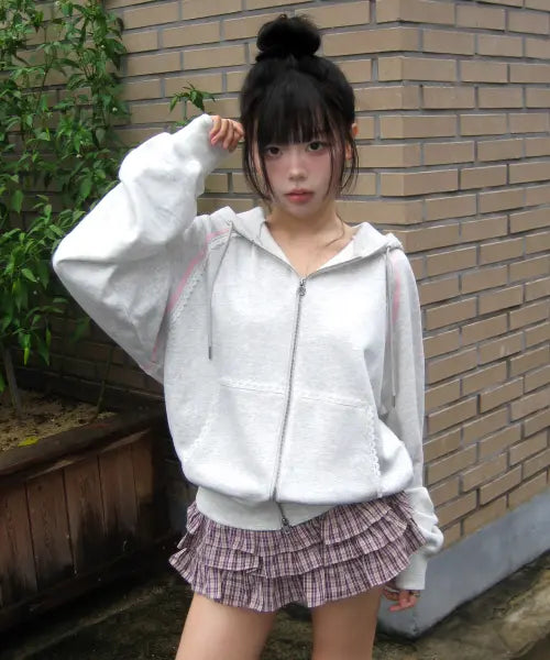 [YOUHEE] LACE TRIMMED HOOD ZIP-UP_OATMEAL / [아네딘X유희] LACE TRIMMED HOOD ZIP-UP_OATMEAL