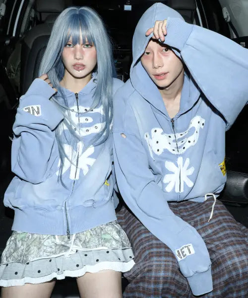 [GLACK] GH D053 Netlink Vintage Appliqué Semi-Crop Washed Hood Zip-Up (Blue) / GHD053 넷링크 빈티지 아플리케 세미 크롭 워시드 후드 집업 (BLUE)