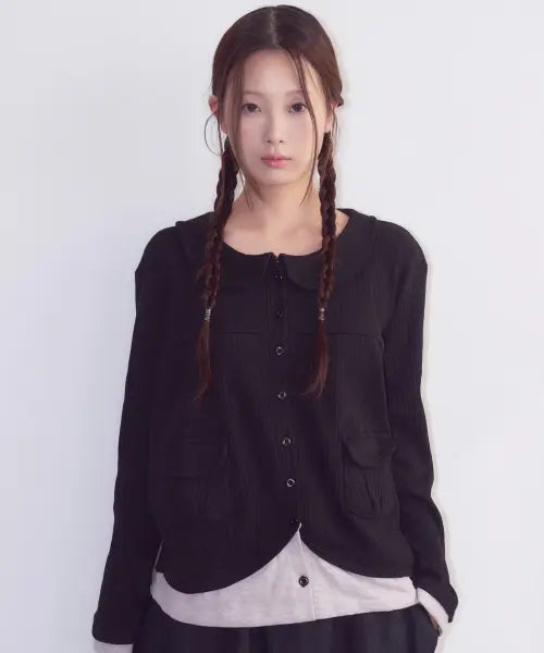 [OAFISH] Layered Collar Pocket Cardigan, Black