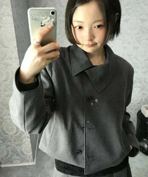 [RAWGUE] OBLIQUE BUTTON CROP JACKET_GREY / 오블리크 버튼 크롭 재킷_그레이