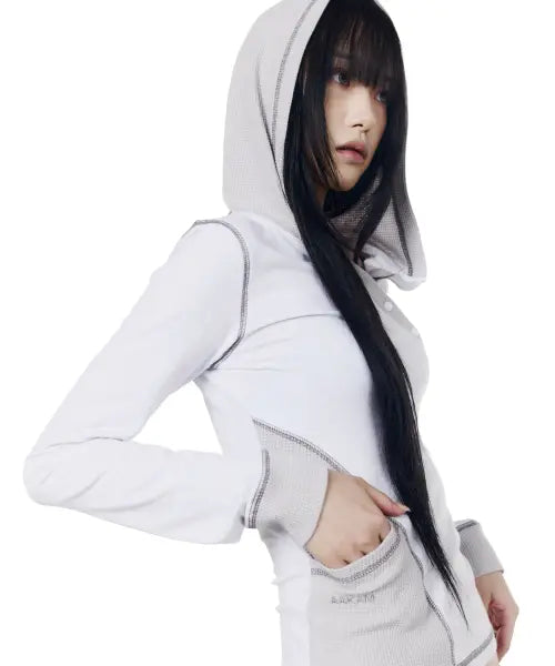 [AAKAM] Slant Cut Hooded Long Sleeve (Light Gray)