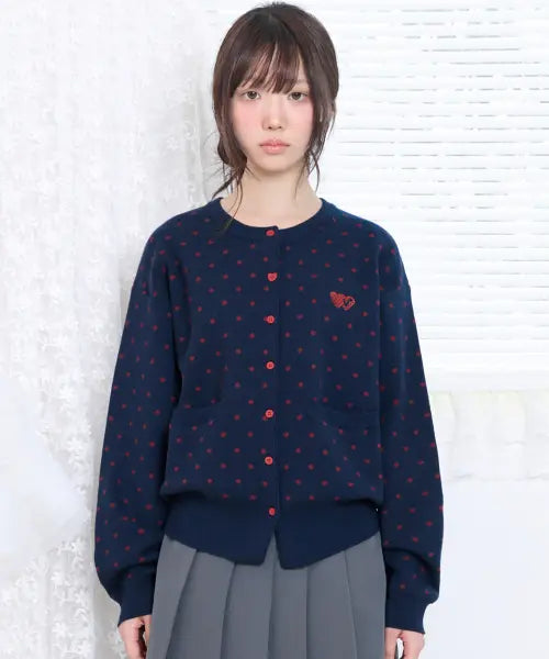[VIDEO JOCKEY] Double Heart Dot Cardigan [Navy] / 더블하트 도트 가디건 [네이비]
