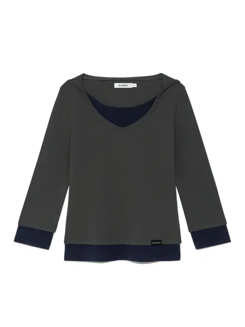 [GLOWNY] 3/4 LAYERED CONTRAST HOODIE (DEEP CHARCOAL)