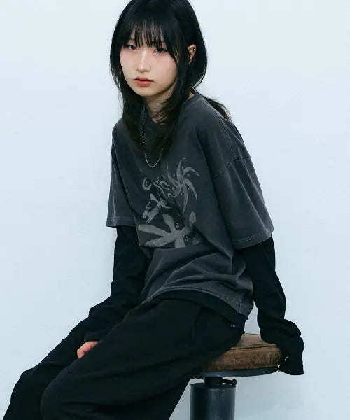 [GAKKAI UNIONS] Noise Pigment Layered Long Sleeve Charcoal / 노이즈 피그먼트 레이어드 롱슬리브 차콜