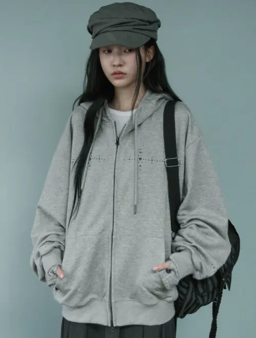 [LOOXP] Cross Stone Oversized Hooded Zip-Up Grey / 크로스 스톤 오버핏 후드집업 그레이