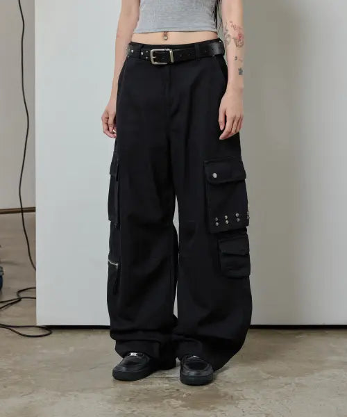 [ODDSTUDIO] Multi Pocket Eyelet Wide Cotton Pants - BLACK / 멀티 포켓 아일렛 와이드 코튼 팬츠 - BLACK