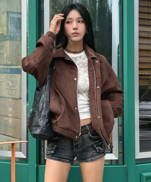 [LADY VOLUME] 60146 Oversized Suede Blouson Jumper (Brown) / 60146 오버핏 스웨이드 블루종 점퍼 (BROWN)