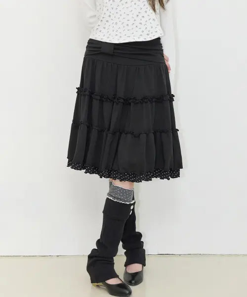 [ILLIGO] BOW RUFFLE MIDI SKIRT BLACK / 보우 러플 미디 스커트 블랙
