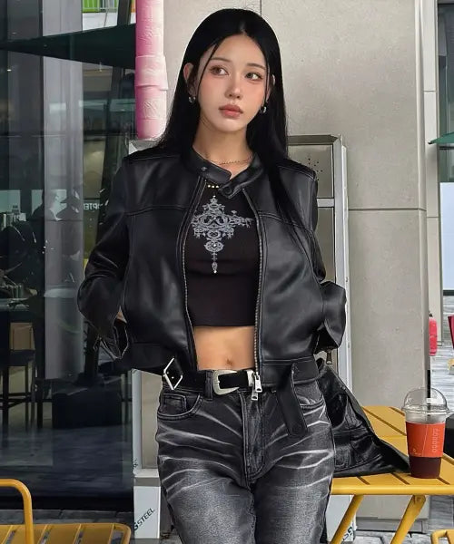 [LADY VOLUME] 9258 Leather Biker Jacket (Black) / 9258 레더 바이커 자켓 (BLACK)