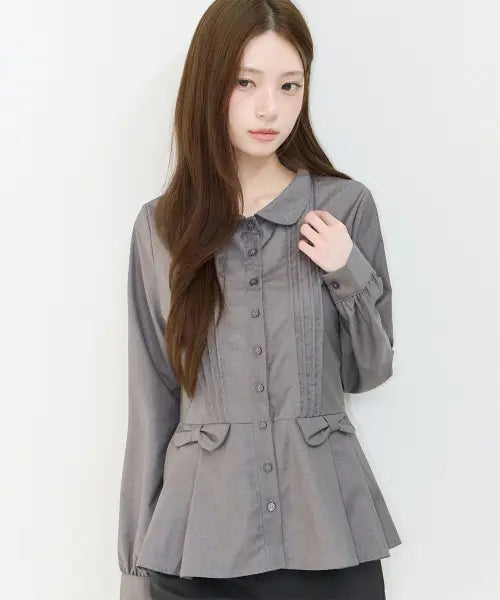 [ILLIGO] PLEATS DOUBLE BOW BLOUSE GRAY / 플리츠 더블 보우 블라우스 그레이