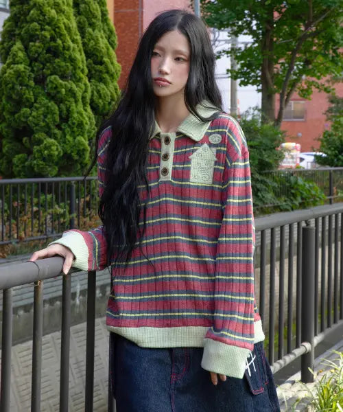 [RuNaKi'Hu'] WXT107 Nakanecko Knit Stripe Collar T-shirt (Burgundy) / WXT107 나카네코 니트 스트라이프 카라티 (BURGUNDY)