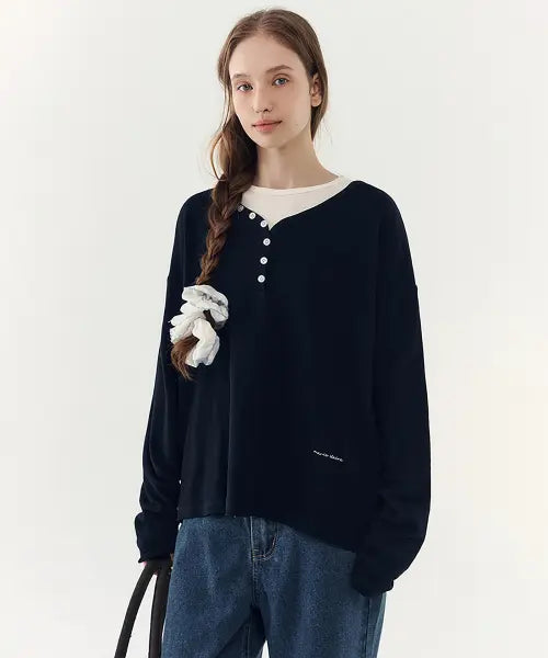 [MARIE CLAIRE] Waffle Henley Long Sleeve (MAGCLS08MNY) / 와플 헨리넥 롱슬리브(MAGCLS08MNY)