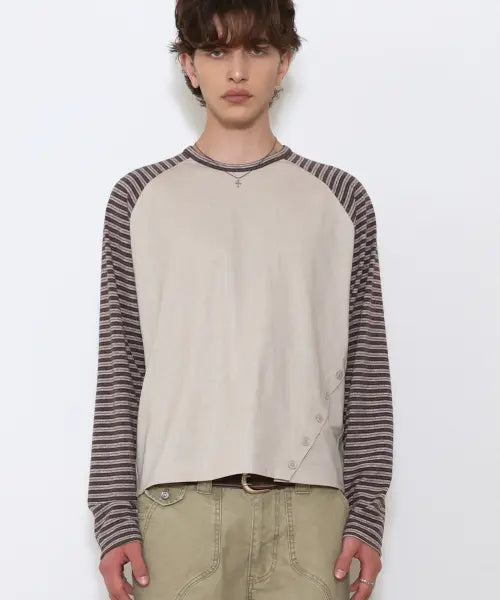 [DOFFJASON] Stripe Raglan Button Long Sleeve BROWN / 스트라이프 래글런 버튼 롱 슬리브 BROWN