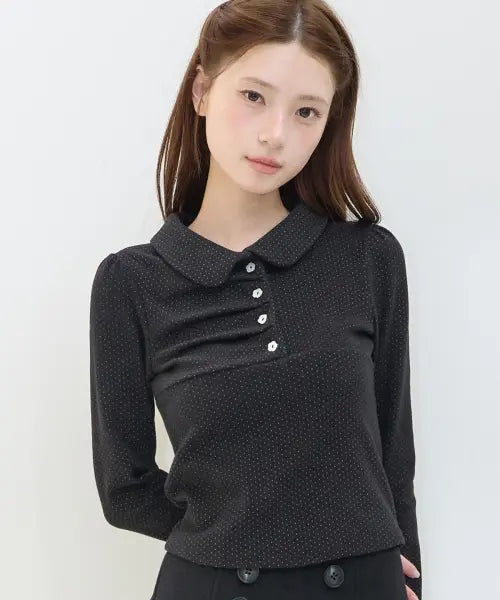 [ILLIGO] DOT PINTUCK COLLAR LONG SLEEVE BLACK / 도트 핀턱 카라 롱슬리브 블랙