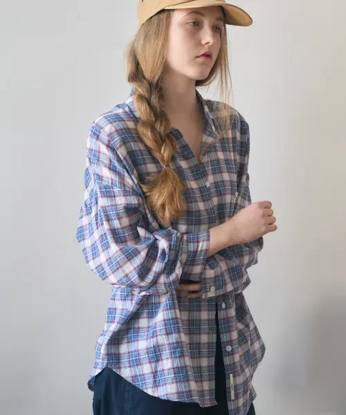 [HAINT] LIGHT TEXTURED OVERSIZE CHECK SHIRT 2COL_BLUE