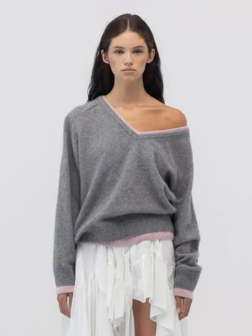 [GLOWNY] RACCOON HAZY LAYERED V-NECK KNIT (GRAY)