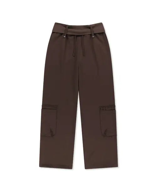 [MATIN KIM] MIXED WAFFLE FOLDOVER WAIST JERSEY PANTS IN BROWN