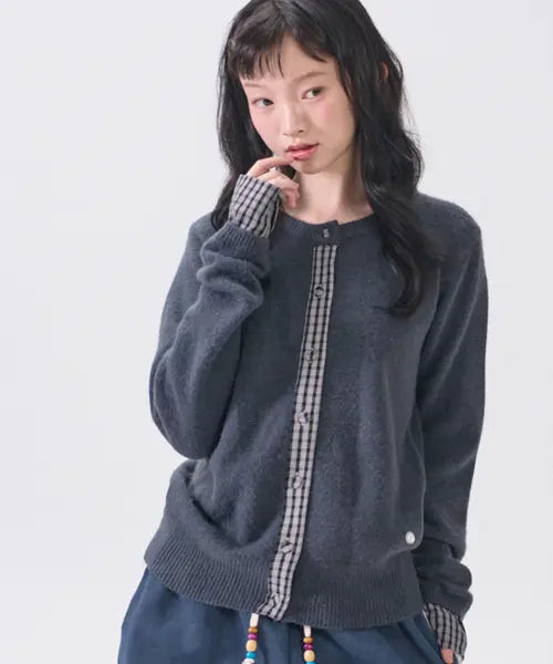 [SOME PLACE] Color Check Layered Soft Round Neck Slim Fit Long Sleeve Cardigans Jacket _3COLOR / 컬러 체크 배색 레이어드 소프트 라운드넥 슬림핏 롱슬리브 가디건 자켓 _3COLOR