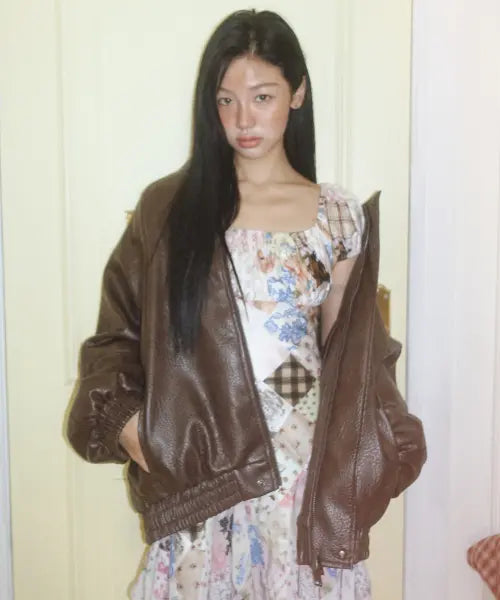 [LADY VOLUME] 9253 Oversized Leather Blouson (Brown) / 9253 오버핏 레더 블루종 (BROWN)
