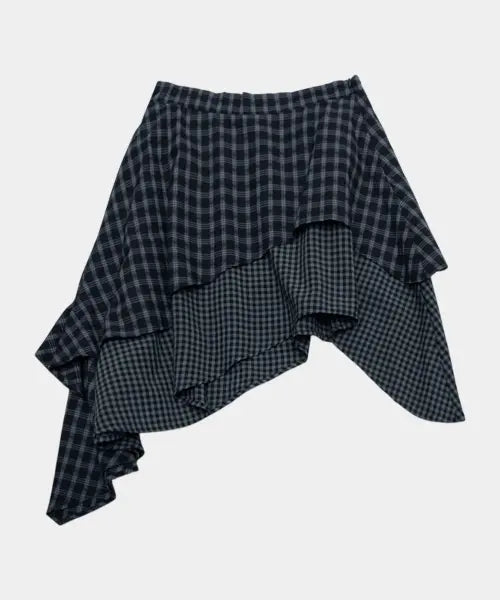 [SOME PLACE] Checkered Color-Block Banding Mid-Length Asymmetrical Flare Midi Skirt [Black] / 체크 배색 레이어드 밴딩 미디 언발란스 플레어 미디 스커트 [블랙]