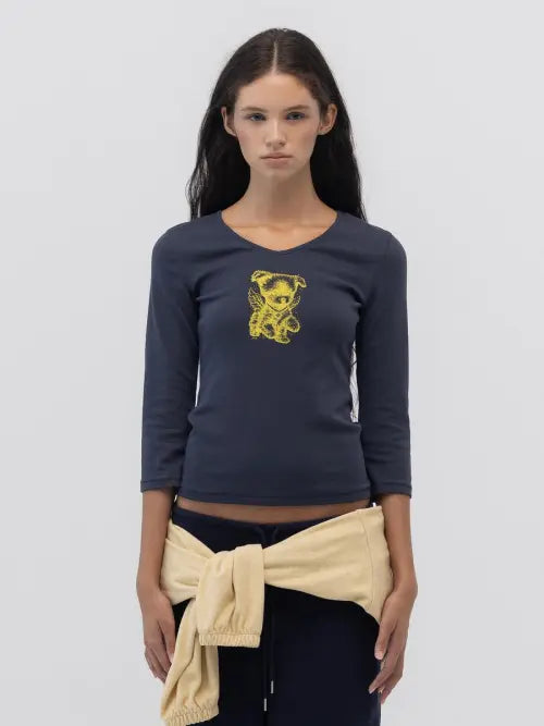 [GLOWNY] ANGEL PUPPY V NECK 3/4 SLEEVE (NAVY)