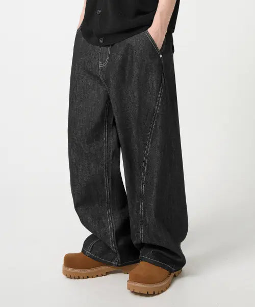 [TRILLION] CURVED INCISION WIDE RAW DENIM PANTS_BLACK / [기획] 커브드 와이드 절개 생지 데님 팬츠_블랙