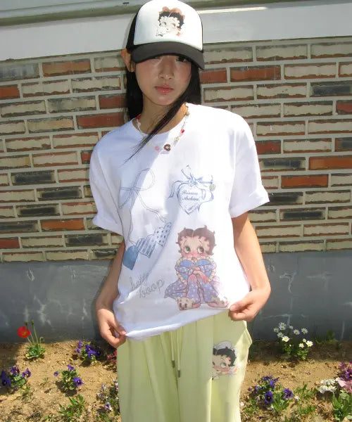 [RONRON] BETTY BOOP DREAMY RIBBON OVER FIT T SHIRT WHITE