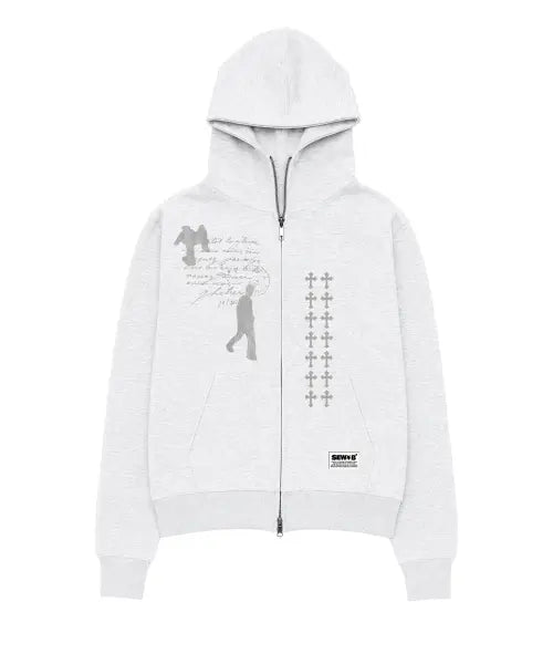 [SEW-B] High-Neck Zip-Up Hoodie (Semi-Oversized Fit) [White Melange] / 하이넥 WALK (세미오버) 후드집업 [화이트 멜란지]