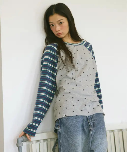 [CAVISH] STRIPED STAR RAGLAN LS TEE BLUE(CV2GFFT561A)