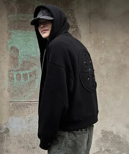 [NOMBRE] Rivet  Appliqué Oversized Zip Hoodie [BLACK] / 리벳 아플리케 오버핏 후드집업 [블랙]