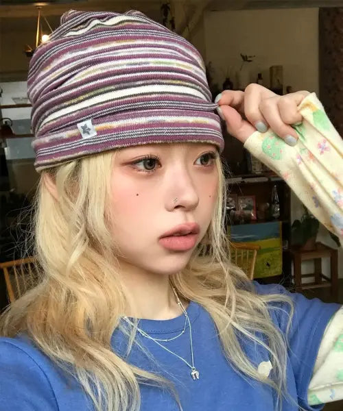 [KIIBI] Vintage Stripe Beanie - Purple / vintage stripe beanie purple