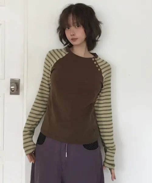 [SOME PLACE] Striped Color Block Diagonal Snap Round-Neck Raglan Long-Sleeve T Shirt_3COLOR / 스트라이프 컬러 배색 사선 스냅 라운드넥 나그랑 롱슬리브 티셔츠 [카키]