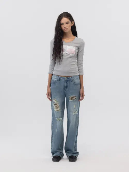 [GLOWNY] DAMAGE CINCH BACK ROLL-UP JEANS (WASHED BLUE)